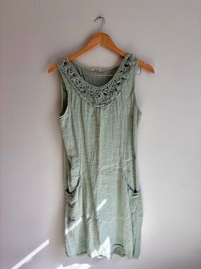 Italian Linen Sleeveless Sage Green Dress with Rosette Neckline